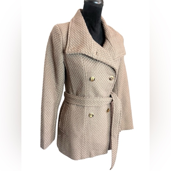 CALVIN KLEIN STUNNING DOUBLE BREASTED WAFFLE TEXTURED GOLD BUTTONS WINTER COAT - Picture 2 of 13